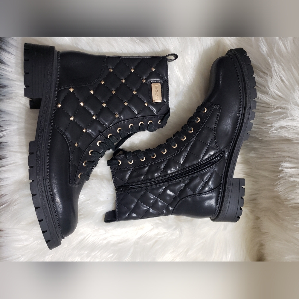 Bebe Women's Black Dorienne B Studded Quilted Lace Up Combat Boots Size US 11